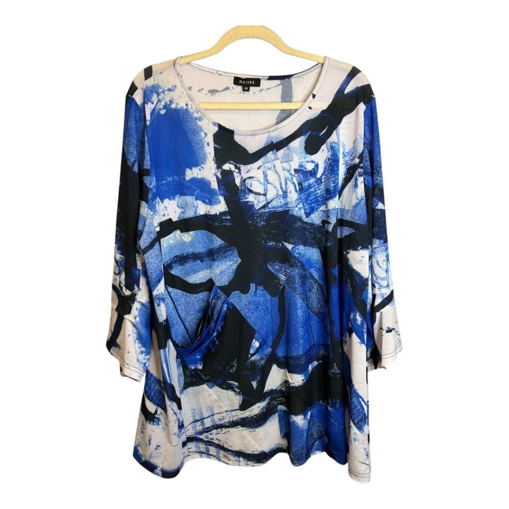 Damee Blouse Women's Size 3X Abstract Artsy Office Bell Sleeves Blue White